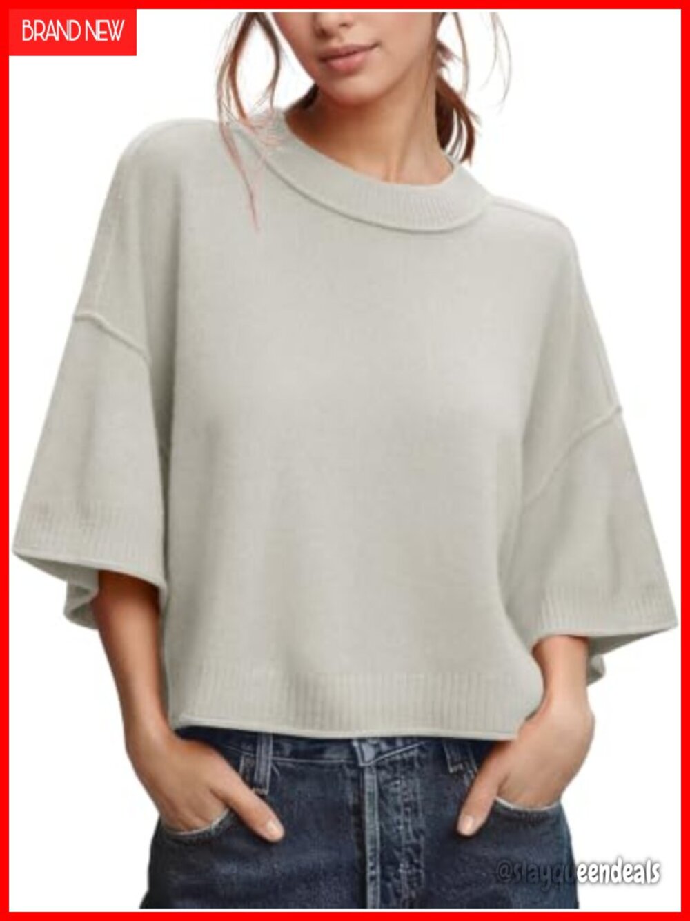 Womens Cropped Knit Sweater Short Sleeve Crew Neck Pullover Top Casual